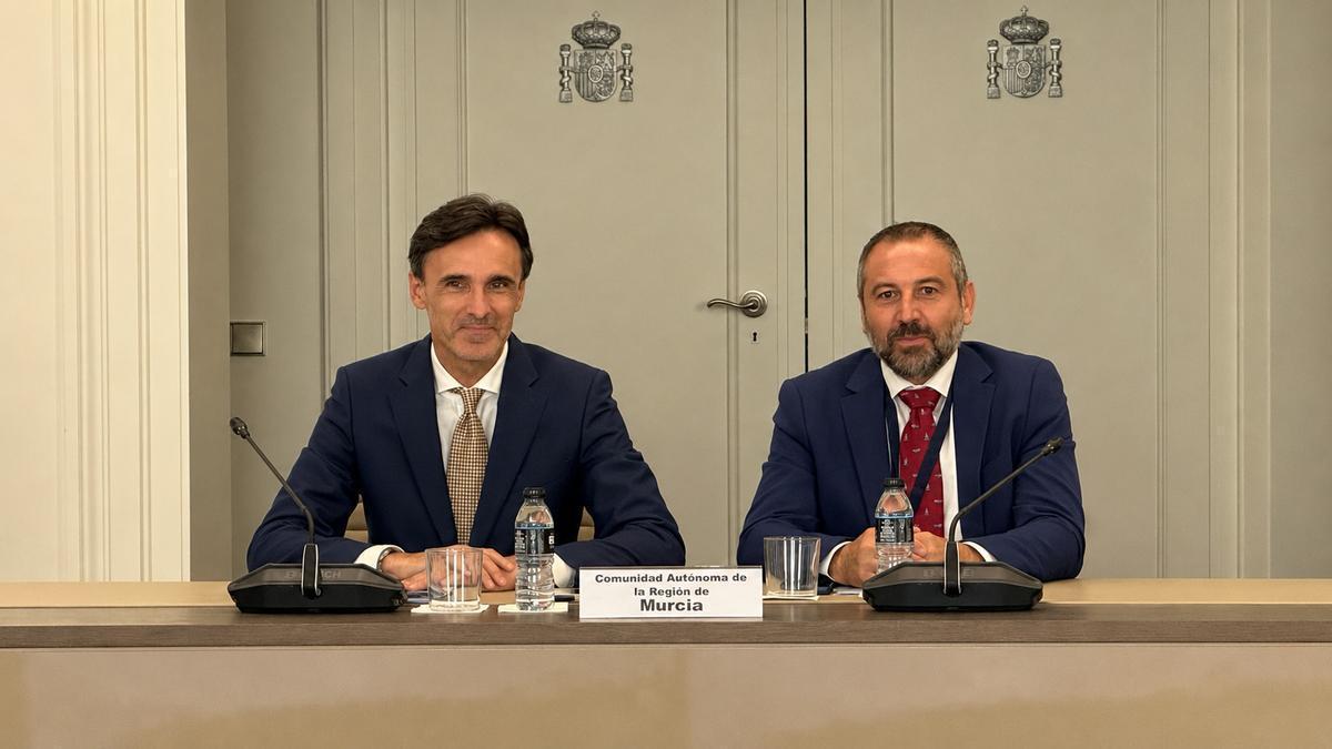 El consejero de Infraestructuras y Desarrollo Territorial, Jorge García Montoro, y el director general de Movilidad y Transportes, José Antonio Verdú, durante la Conferencia Sectorial de Transportes en Madrid.