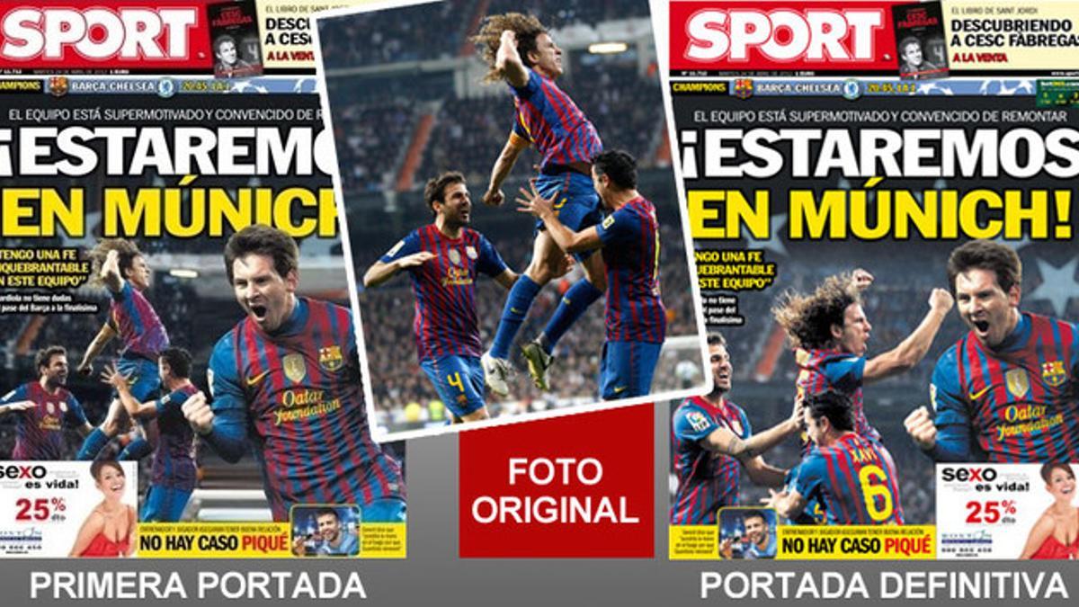 La primera portada, la fotografía original y la portada definitiva de SPORT