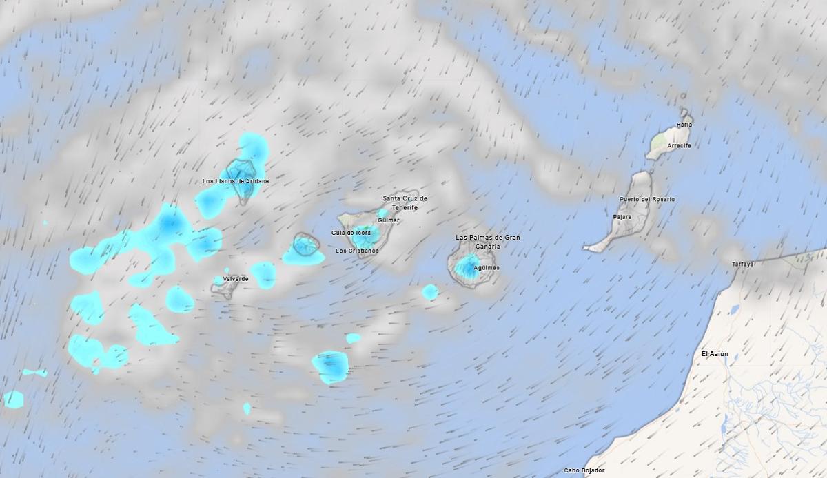 Mapa meteorológico de lluvias llegando a Canarias