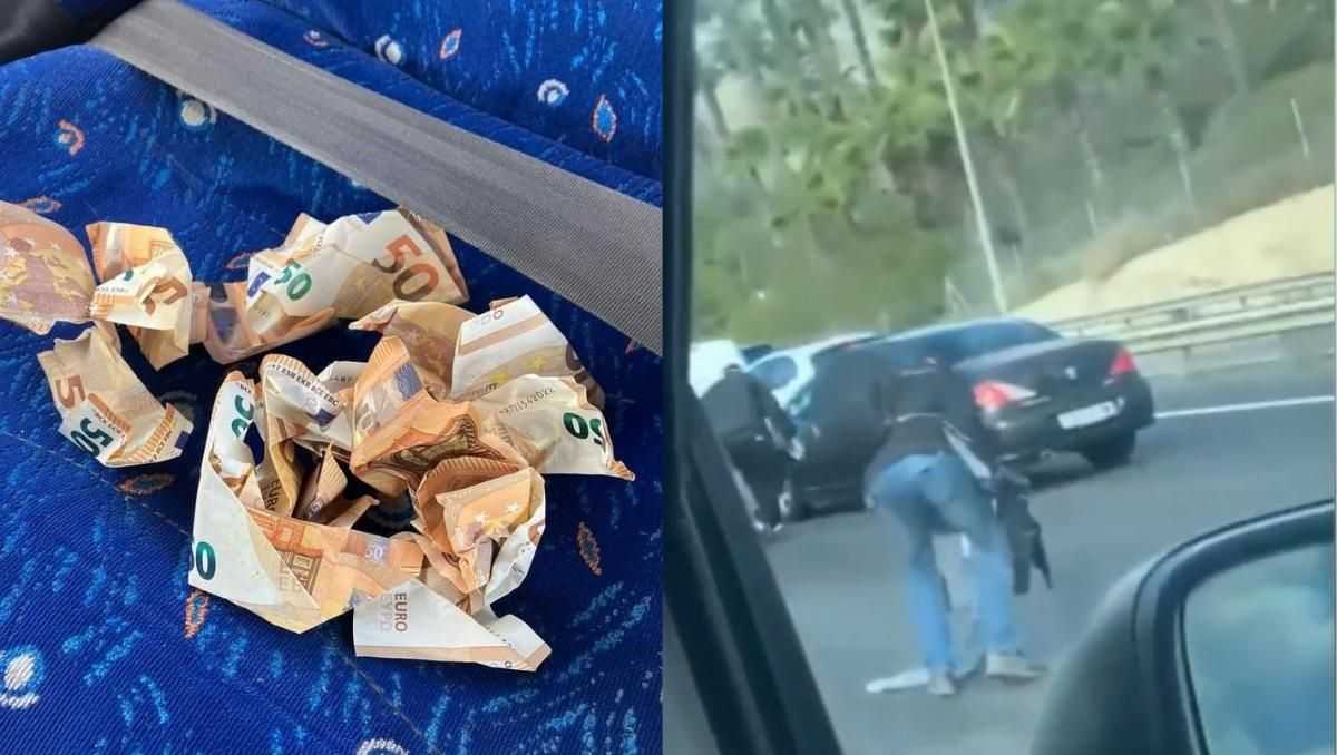 Billetes recogidos en la autovía A-7, en el asiento de un autobús, y una imagen del momento en el que varios conductores los recogen.