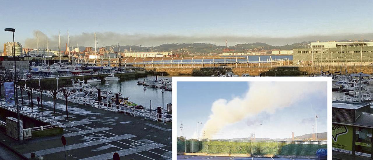 Al fondo, la nube contaminante producida por la avería en las baterías de Arcelor en Gijón. En el recuadro, vista desde Tremañes.