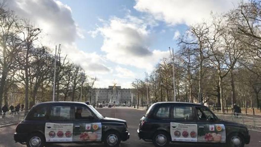 Taxis de Londres con publicidad de la granada mollar de Elche delante del Buckingham Palace, en las pruebas que se hicieron el año pasado para promocionar el fruto.