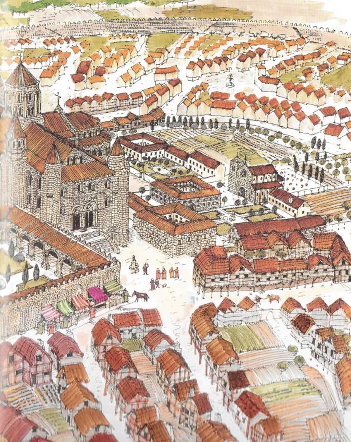 Recreación de cómo sería la Praza das Praterías según el libro `Los orígenes de Compostela. Una historia dibujada, 1998´