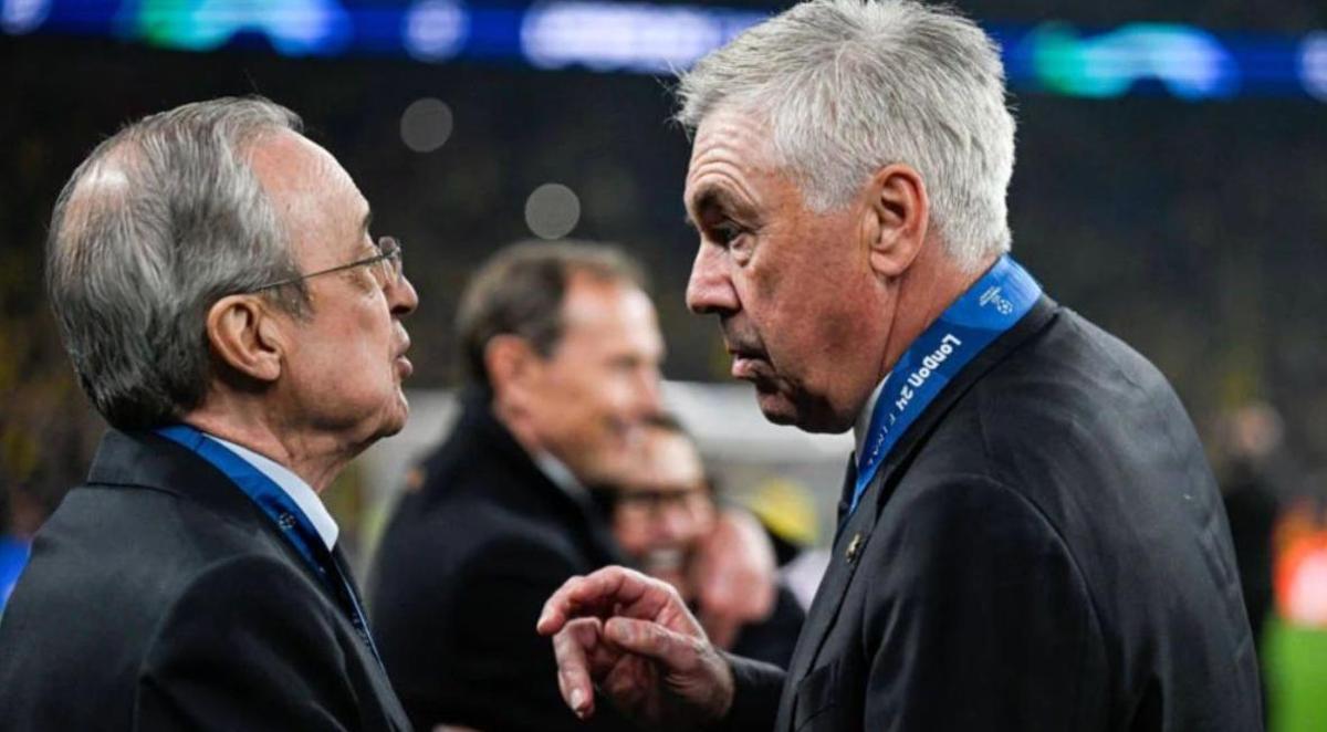 Carlo Ancelotti habla de con Florentino en el césped de Wembley tras ganar la Champions en 2024.