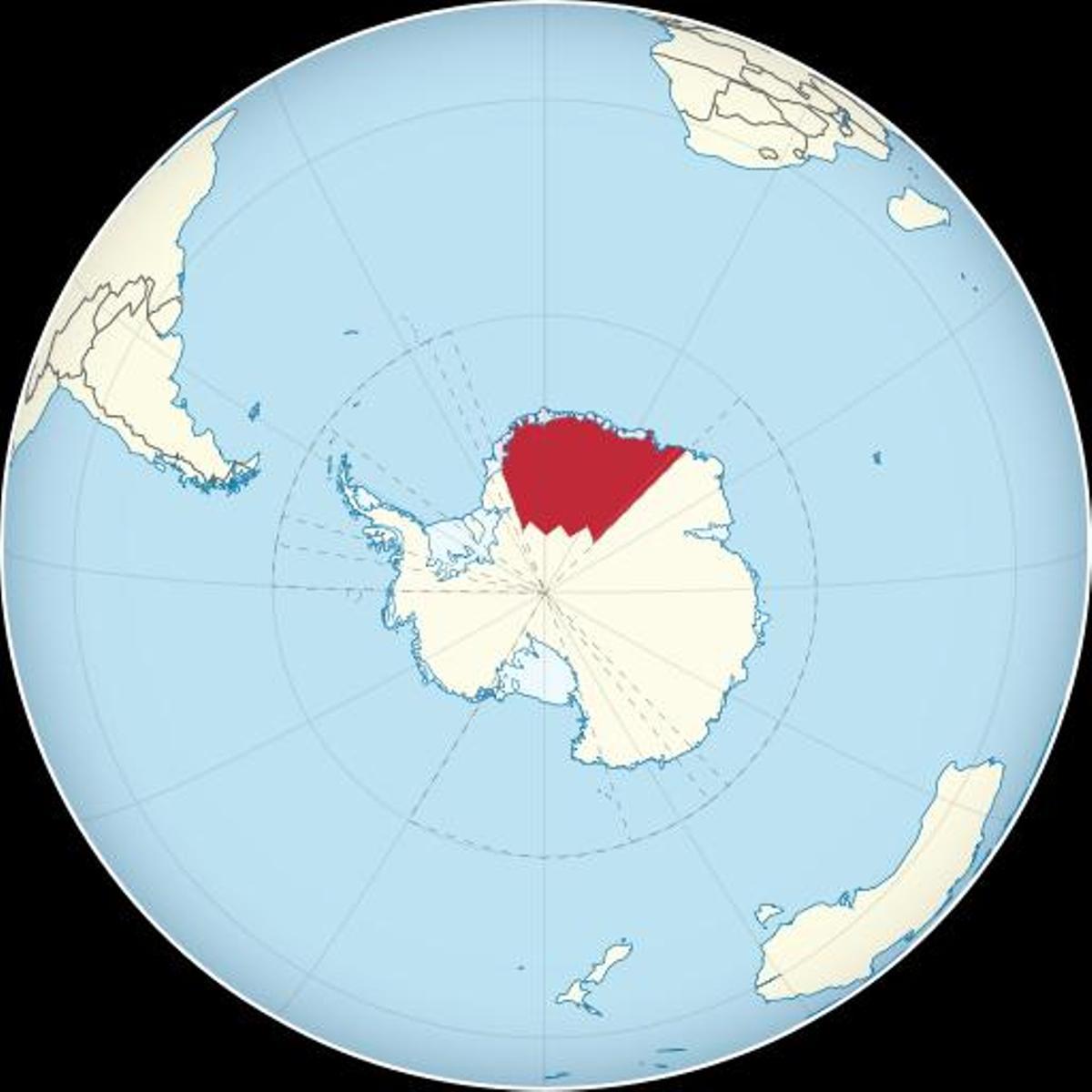 Mapa del globo terráqueo señalando la región de la Tierra de la Reina Maud (Antártida)