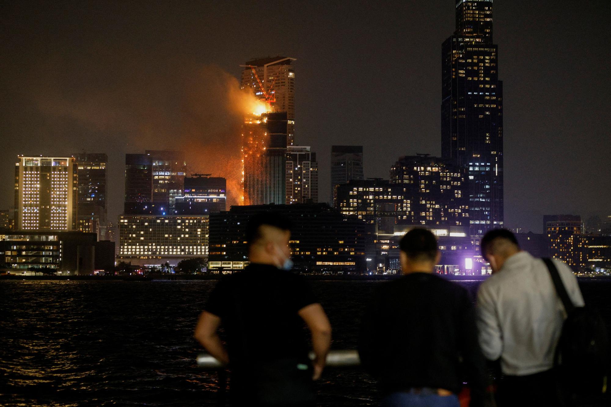 A building is seen on fire in Hong Kong