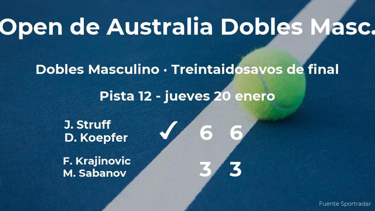 Struff y Koepfer vencieron a Krajinovic y Sabanov y estarán en los dieciseisavos de final del Open de Australia