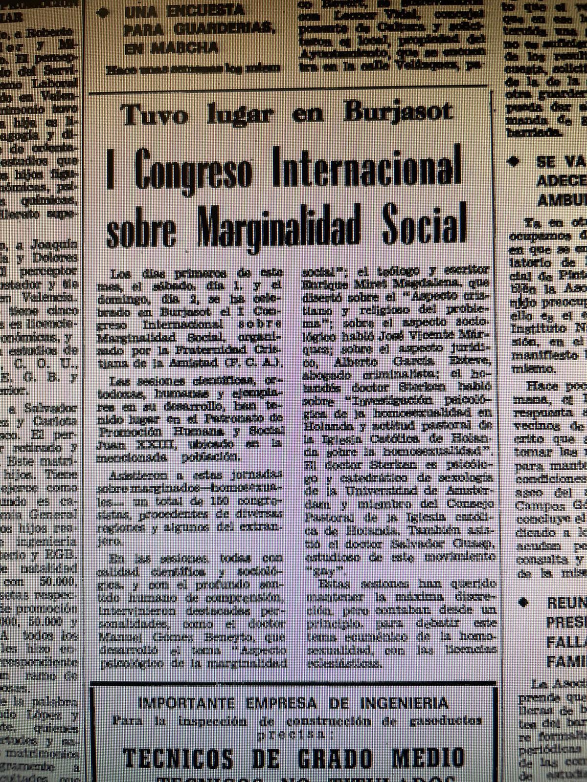 Noticia sobre el Congreso de Marginalidad Social del 4 de mayo de 1976 en Levante-EMV.