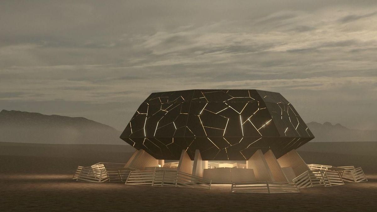 Imagen en render el 'Temple of de Deep' cuando esté terminado. Es una gran roca partida y reparada con la técnica japonesa del Kintsugi, donde las piezas se pegan con oro.