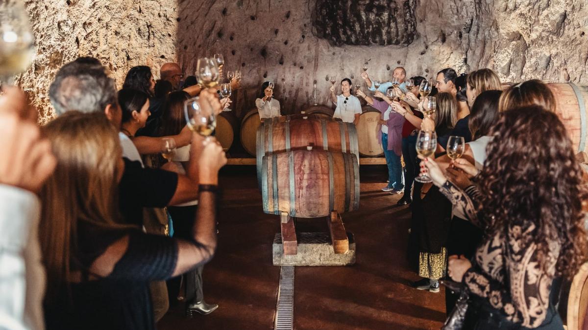 Un grupo de turista disfruta de una visita en una bodega de las Islas.