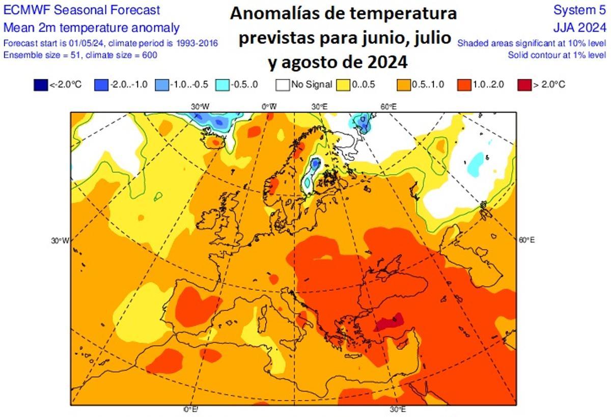 Anomalías de temperatura previstas para este verano
