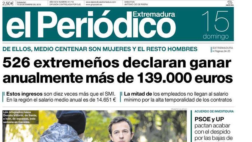 Esta es la portada de EL PERIÓDICO EXTREMADURA correspondiente al día 15 de diciembre del 2019