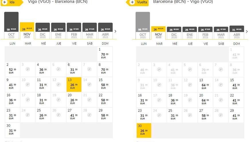 Vuelos entre Barcelona y Vigo de Vueling durante el mes de noviembre.