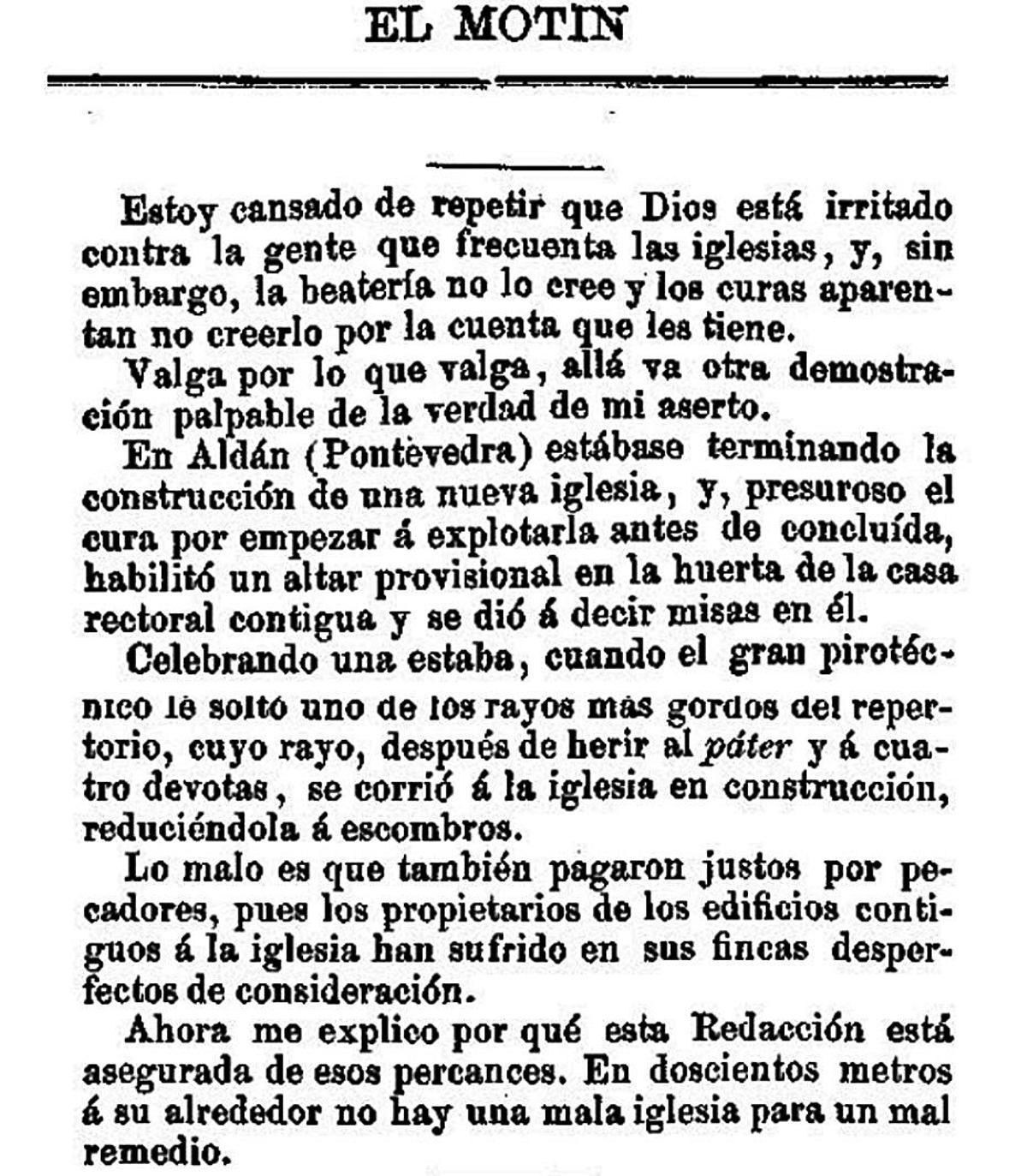 Reproducción da crónica da caída do campanario da igrexa de Aldán, en 1888.
