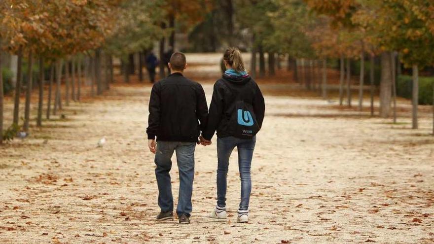 Una pareja pasea por un parque.