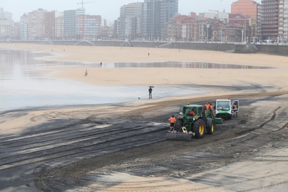 Limpieza de carbón en la playa de San Lorenzo