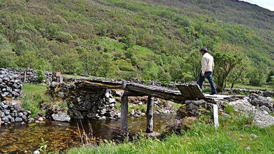 Una persona pasa por un puente de madera sobre el río Barjacoba.