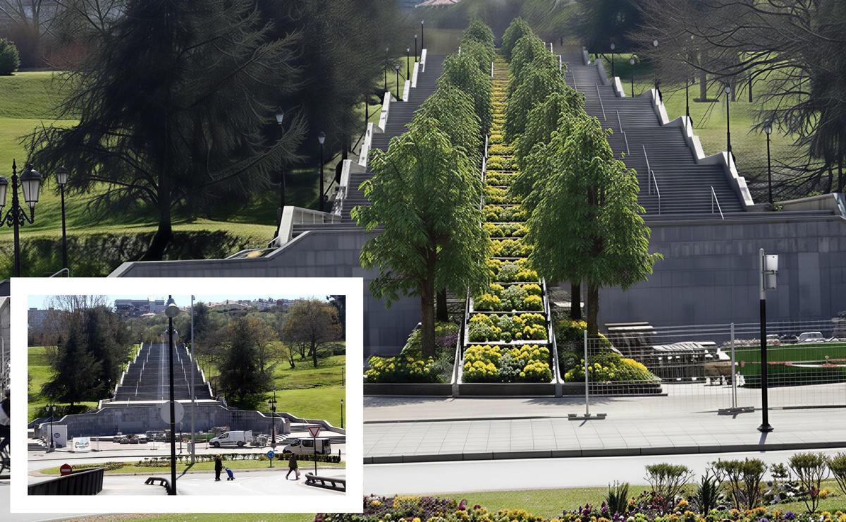 En la imagen principal propuesta del PSOE de Oviedo para el Parque del Oeste. En el recuadro, estado actual.