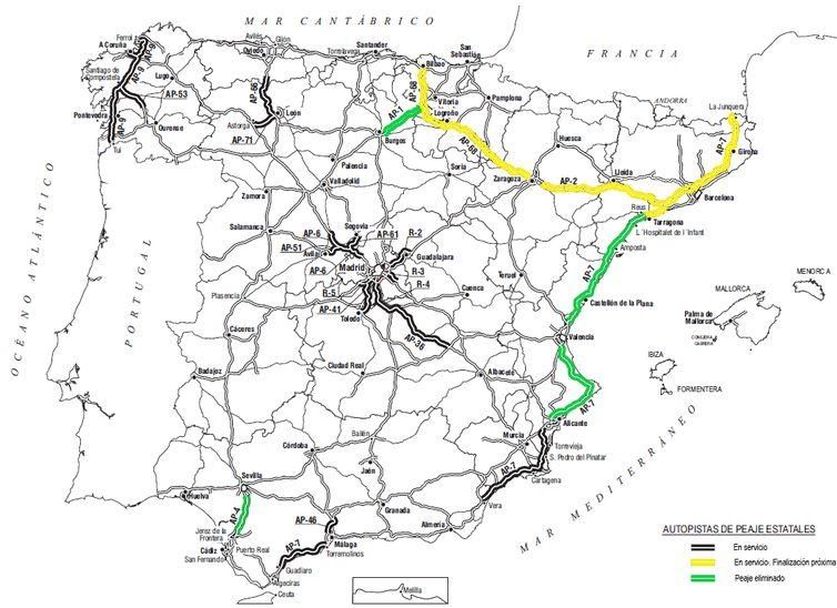 Autopistas de peaje actuales. En negro los tramos en servicio. En amarillo los tramos de próxima finalización. En verde, tramos eliminados. Ministerio de Transportes, Movilidad y Agenda Urbana.Gobierno de España.