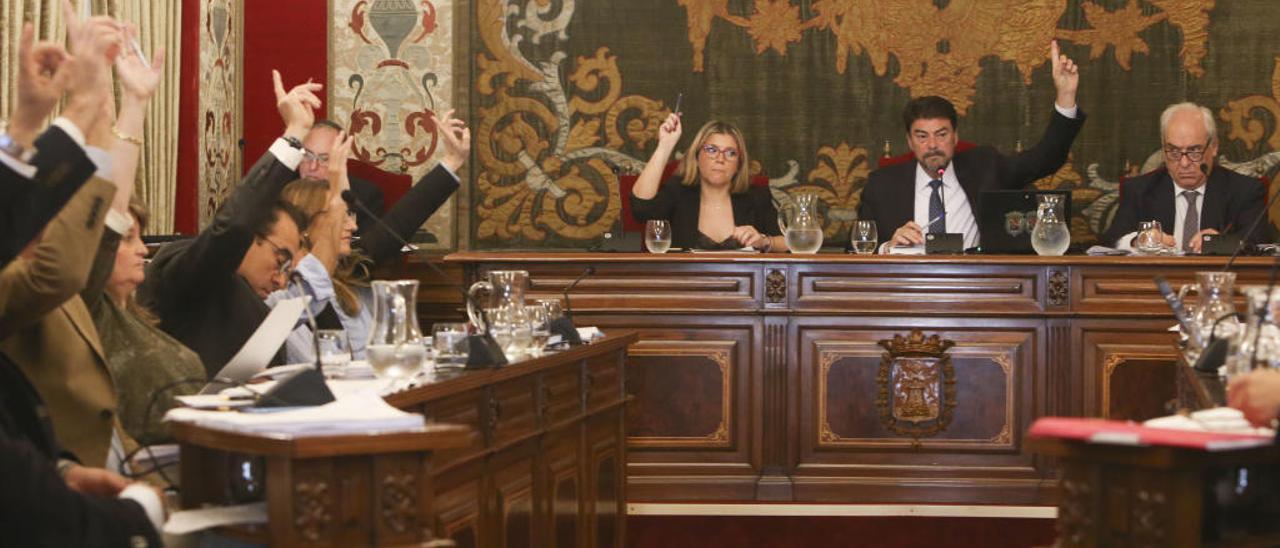 Los concejales del PP y Cs votan durante un reciente pleno en Alicante.