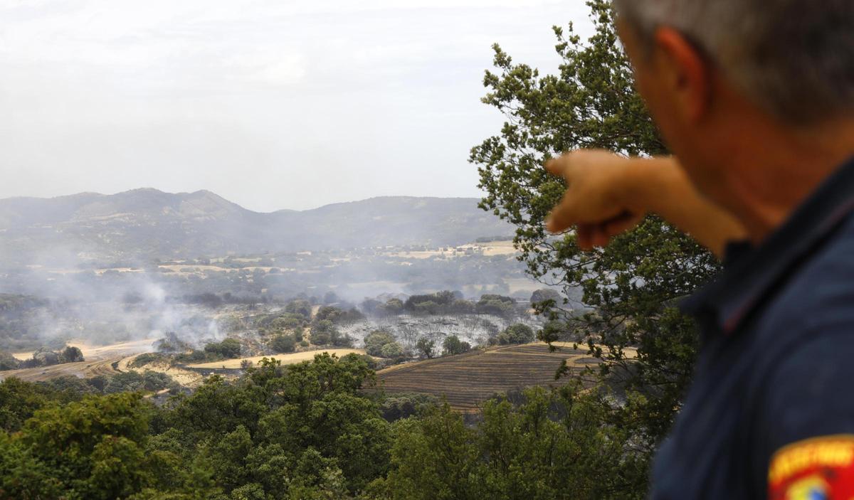 Un bombero señala el incendio forestal de Luesia, el pasado verano.