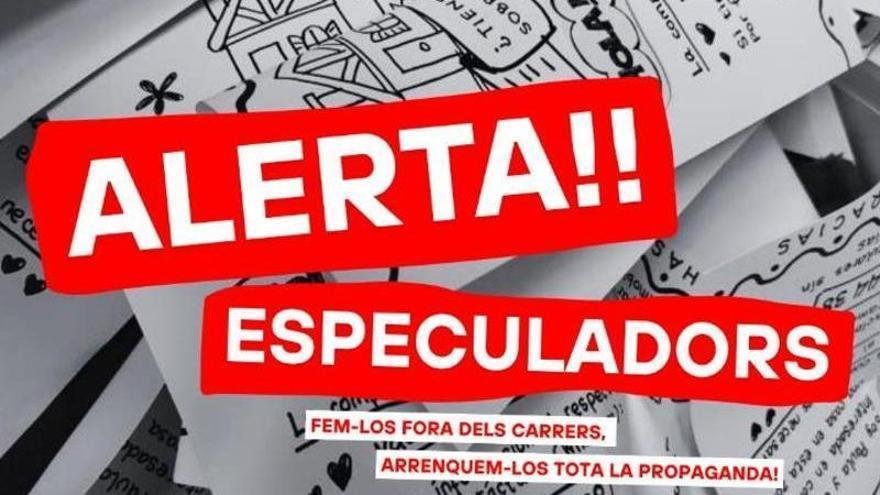 “Alerta!! Especuladors”: la campaña de ‘Menys Turisme, Més Vida’ que anima a arrancar carteles de compradores de viviendas