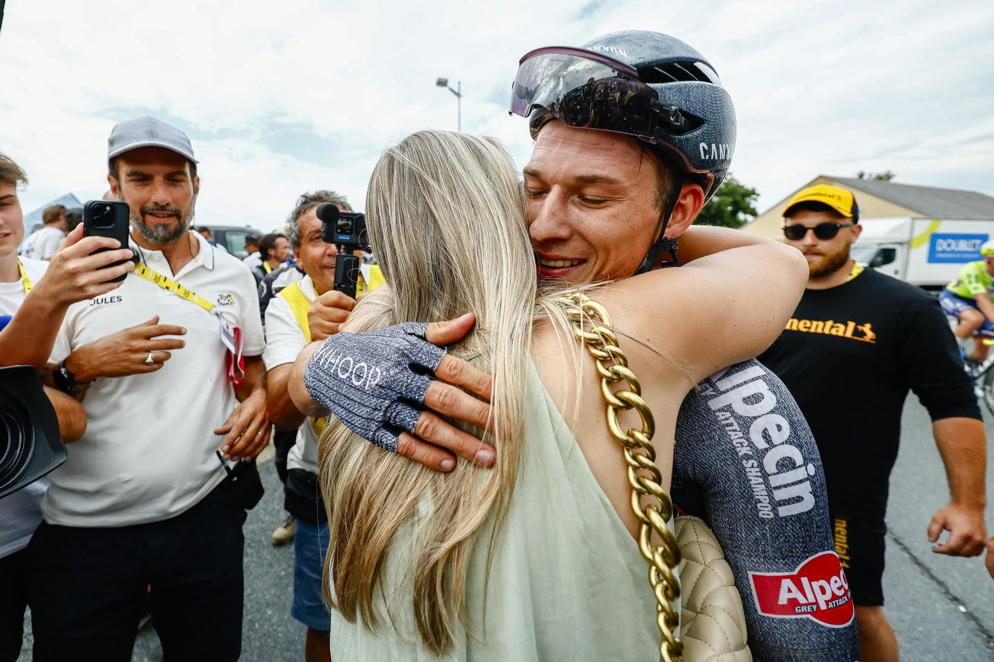 Belgian cyclist Jasper Philipsen of UCI WorldTeam Alpecin-Deceuninck. Specialising celebrates after winning stage 10 of the 2024 Tour de France