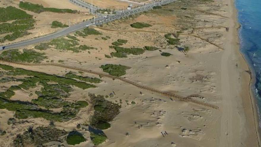 Fotografía aérea de la zona de Arenales del Sol donde se está notando una regresión de la vegetación y de los sistemas dunares originales.