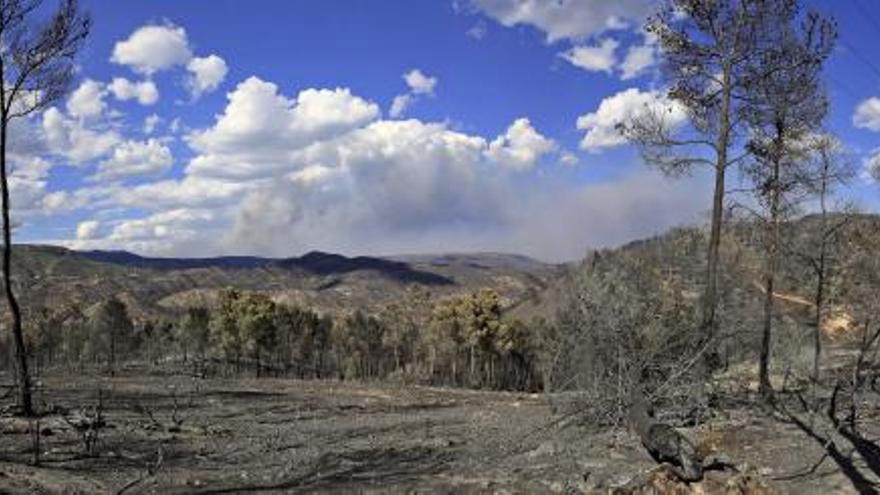 Vista panorámica tomada en el término municipal de Cortes de Pallás donde comenzó el pasado jueves el incendio forestal que ha afectado a una docena de muncipios de la provincia de Valencia.