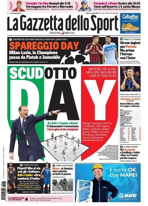 Portada GAZZETTA DELLO SPORT sábado 13 abril 2019.