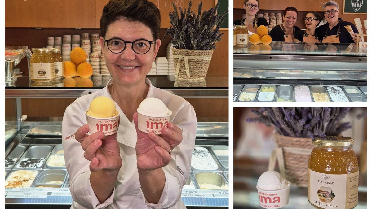 Inma Pérez (i), propietaria, con dos de los helados elaborados con productos de la provincia.