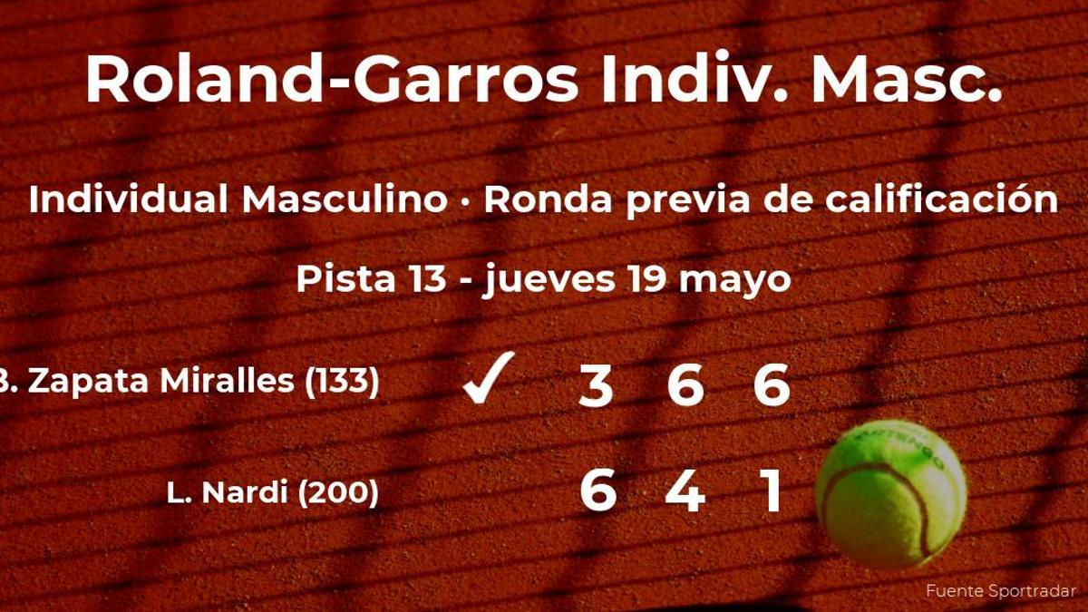 El tenista Bernabé Zapata Miralles vence a Luca Nardi en la ronda previa de calificación