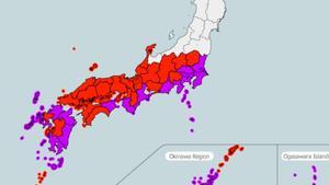 Un mapa de la Agencia Meteorológica Japonesa anunciando el riesgo de golpes de calor.