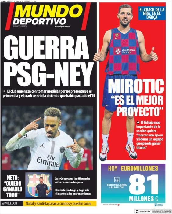 Portada MUNDO DEPORTIVO martes 9 de julio 2019