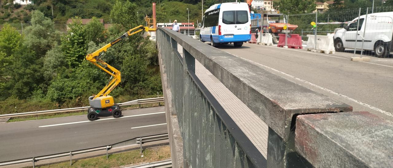 Un elevadora, ayer, trabajando en el puente Seana, utilizando el carril cortado en dirección León. | D. M.