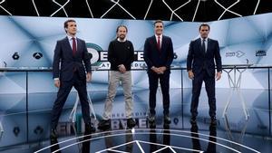 Pablo Casado, Pablo Iglesias, Pedro Sánchez y Albert Rivera, antes del debate de Atresmedia.