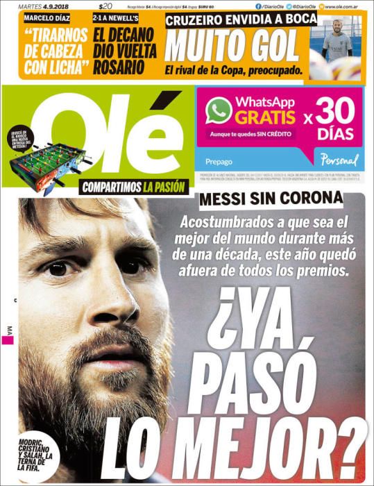 Portada OLÉ martes 4 de septiembre 2018