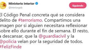El polémico tuit del ministerio de Interior sobre qué se considera delito de terrorismo según el Código Penal.