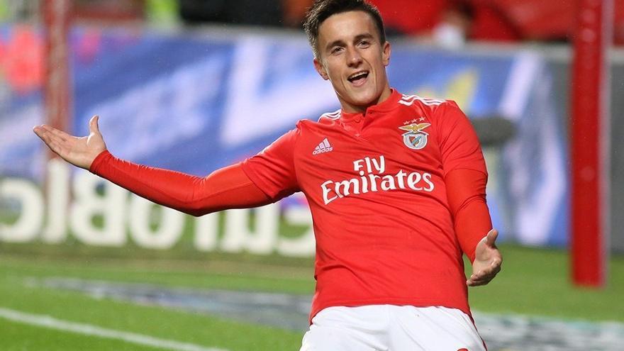 Franco Cervi celebra un gol con el Benfica.