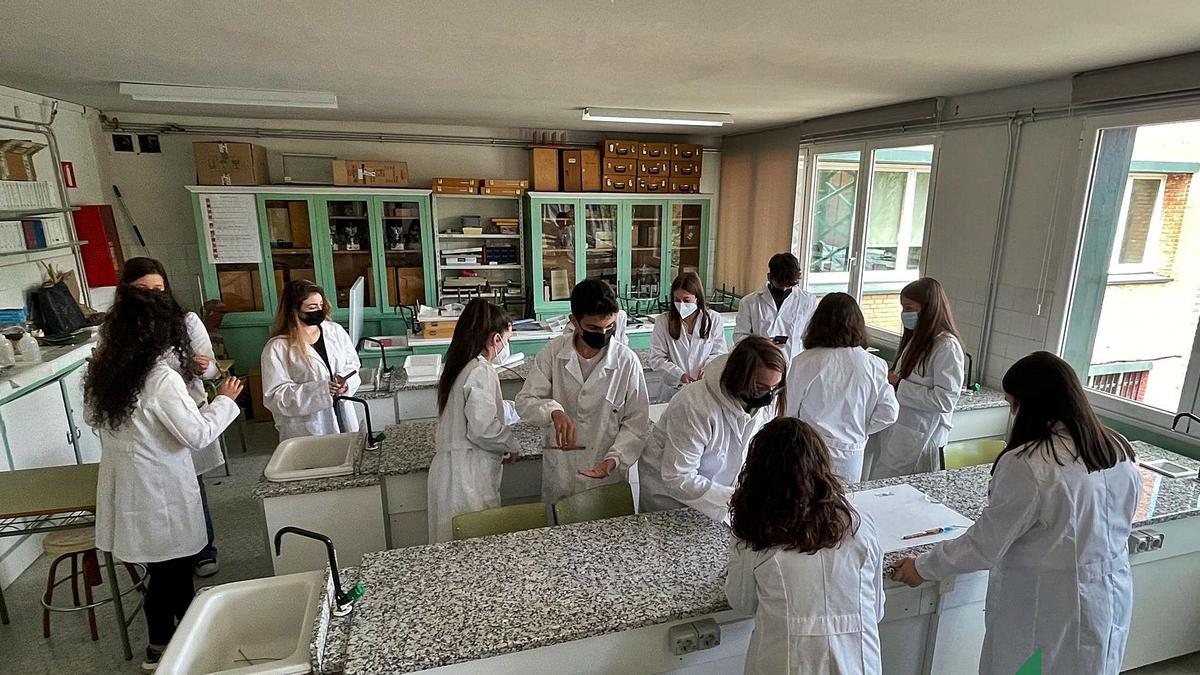 Los alumnos del Bachillerato de Investigación y Excelencia del IES Los Sauces de Benavente realizan un experimento en el laboratorio.