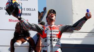 MotoGP - San Marino Grand Prix - Misano World Circuit Marco Simoncelli, Misano Adriatico, Italy - September 9, 2018   Ducati’s Andrea Dovizioso celebrates his win on the podium   REUTERS/Max Rossi