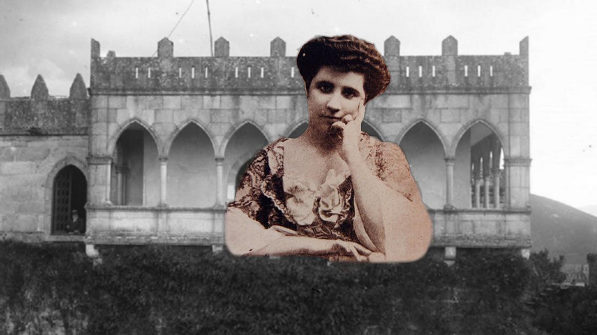 Retrato de María Vinyals,  a “Marquesa Vermella” y al fondo el castillo de Soutomaior