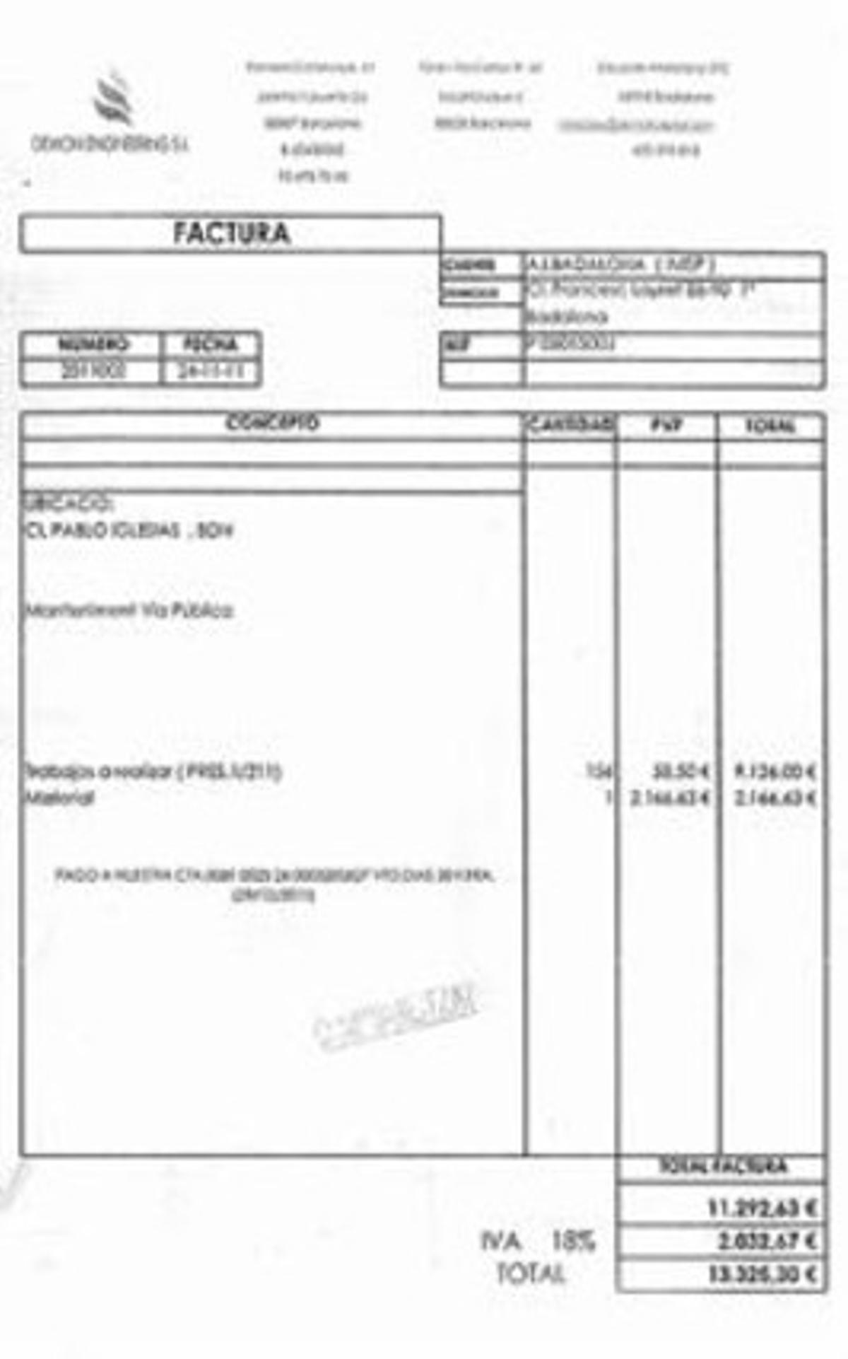 LA TRAMPA 3 Entre les factures que l’empresa Demon Engineering reclama a l’Ajuntament de Badalona en destaquen dues. A l’esquerra, la factura cursada amb el concepte fals d’obres a la via pública. A la dreta, la factura que detalla, segons l’empresa, les obres realitzades presumptament per reparar les goteres de la coordinadora del barri de la Salut a casa seva. Demon va subcontractar una empresa de Santa Coloma per a això. LA TRAMPA 3 Entre les factures que l’empresa Demon Engineering reclama a l’Ajuntament de Badalona en destaquen dues. A l’esquerra, la factura cursada amb el concepte fals d’obres a la via pública. A la dreta, la factura que detalla, segons l’empresa, les obres realitzades presumptament per reparar les goteres de la coordinadora del barri de la Salut a casa seva. Demon va subcontractar una empresa de Santa Coloma per a això.