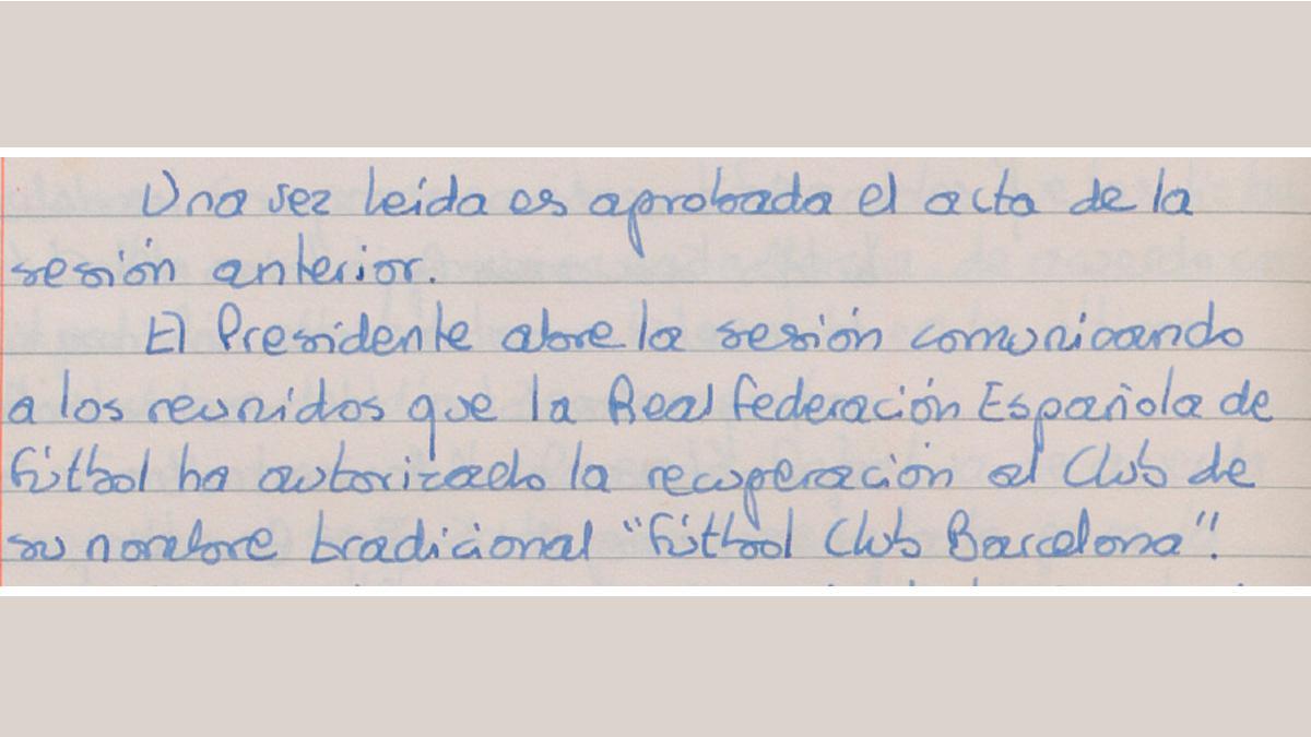 Acta del 8 de noviembre de 1973. El FC Barcelona recupera el nombre con el que fue fundado por Gamper