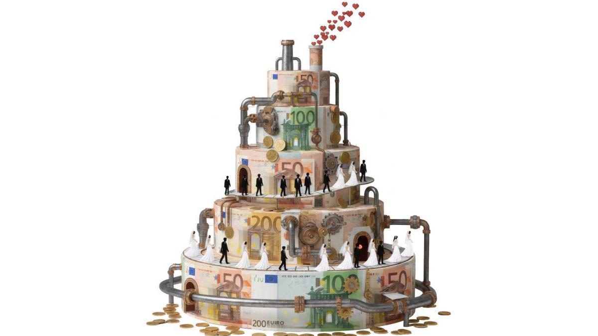 Diseño gráfico de una tarta de boda cubierta de dinero.