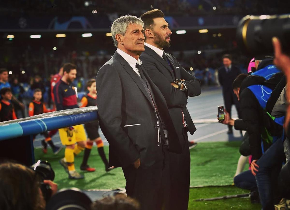 Sarabia, together with Setién, at the Camp Nou as Barça coaches
