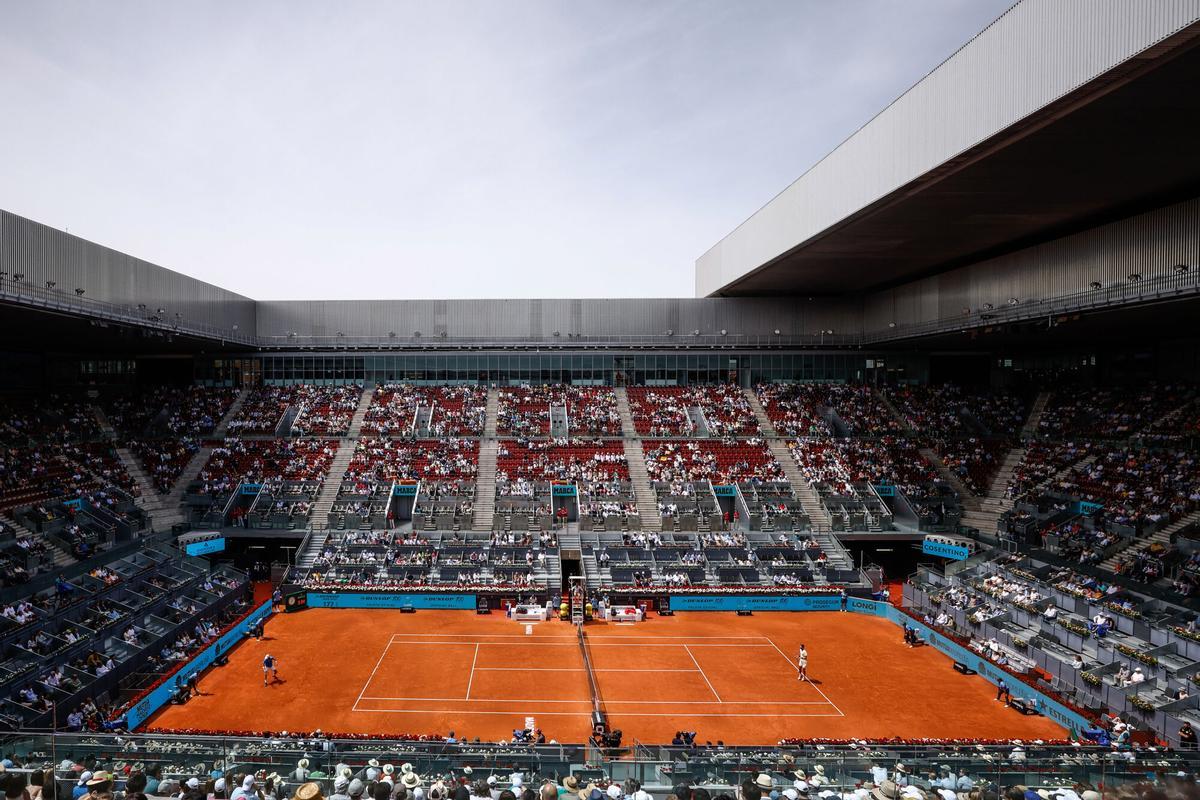 General view of the Manolo Santana stadium during the match between Roberto Bautista Agut of Spain and Karen Khachanov of Russia during the Mutua Madrid Open 2023 celebrated at Caja Magica on Abril 30, 2023 in Madrid, Spain