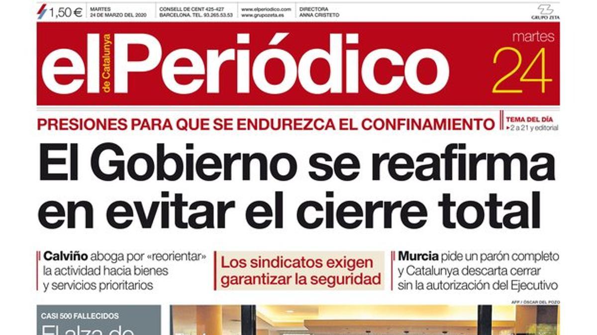 La portada de EL PERIÓDICO del 24 de marzo del 2020