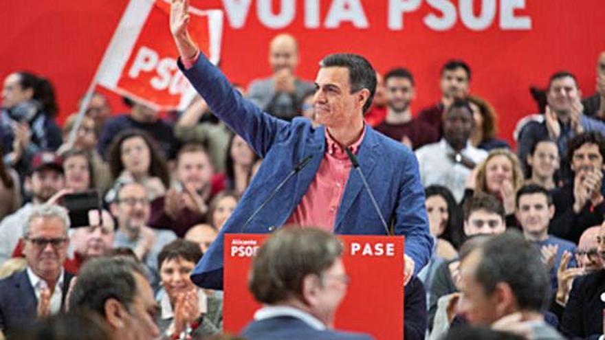 El líder del PSOE i actual president, Pedro Sánchez, ahir, durant un acte de la campanya electoral