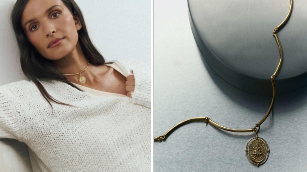 A la izquierda, la influencer con el collar y a la derecha, el detalle del colgante con la Virgen de Covadonga
